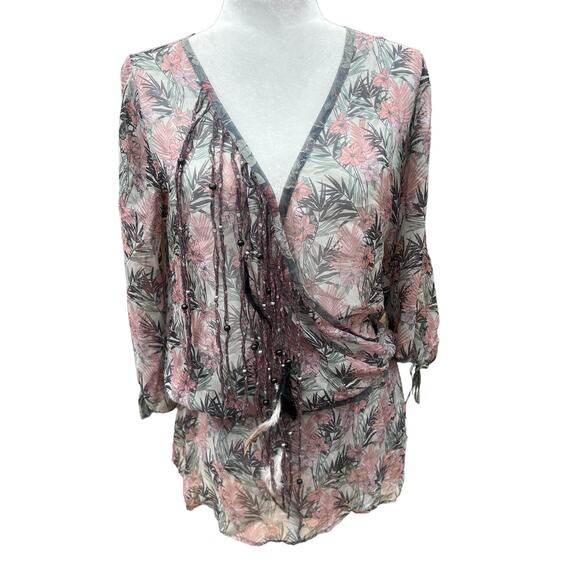 Johnny Was 4 Love & Liberty Top Small Faux Wrap‎ Peasant Blouse Floral Beads - Picture 10 of 15